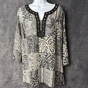 Elementz Top Blouse‎ Women's Size Large Black Paisley 3/4 Sleeves Semi Sheer